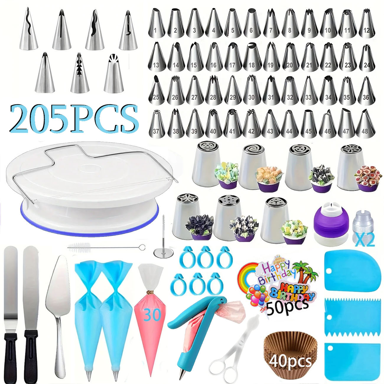 Fondant Smoother Set - 205PCS 전문 케이크 장식 키트-파이핑 노즐,