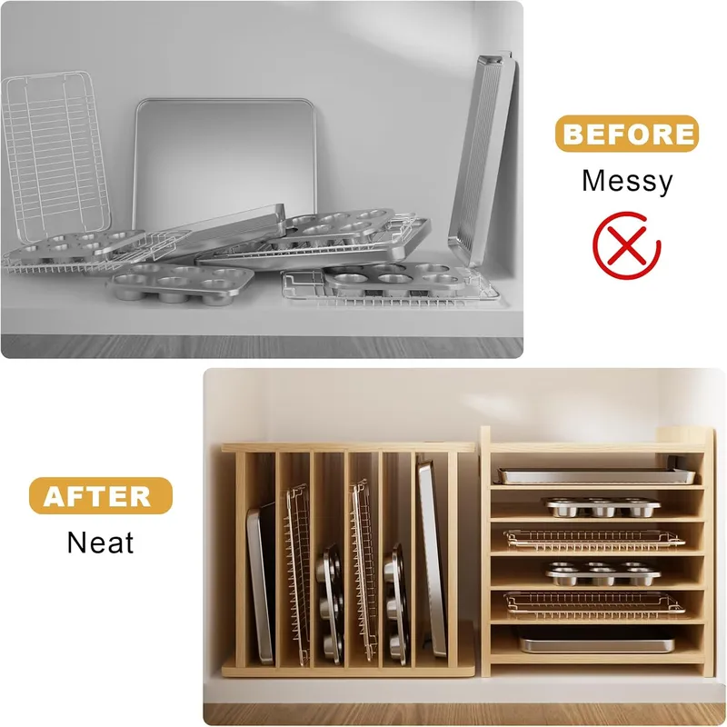 7단 나무 트레이 칸막이, 쿠키 시트 정리대, 냄비와  - Kitchen Cabinet Baking Organizer 리뷰 및 가격